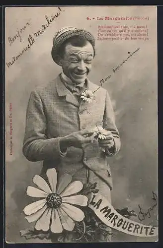 AK La Marguerite, Blumensprache mit lächelnden Mann