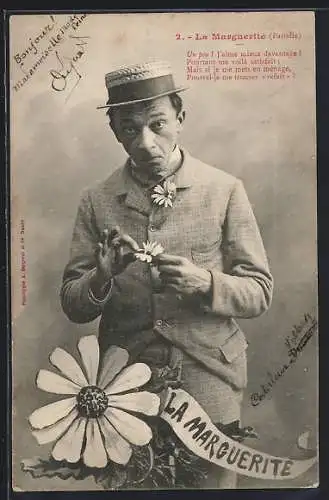 AK La Marguerite, Mann zupft einzeln die Blätter einer Margerite aus