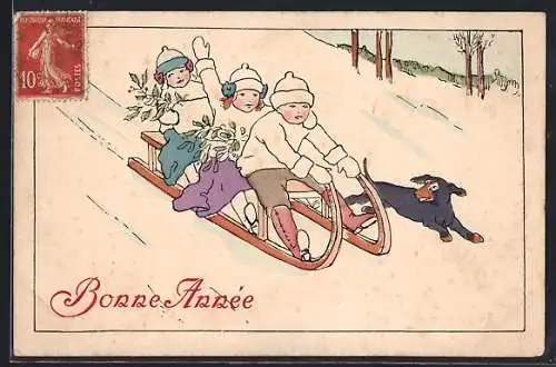AK Kinder auf einem Hörner-Schlitten Bergab