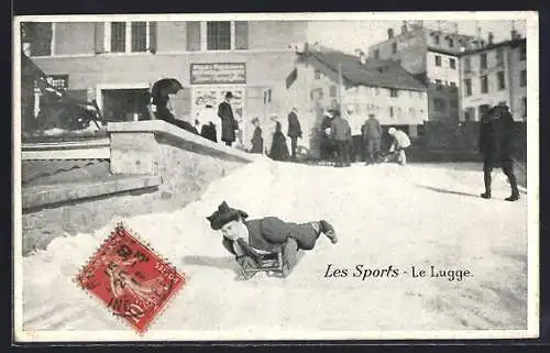 AK Frau im Bauchklatscher bei der Abfahrt auf einem Schlitten