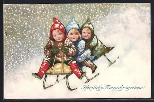 AK Drei Kleinkinder auf einem Schlitten
