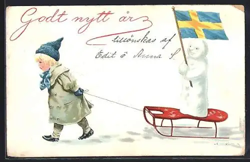 AK Kind zieht einen Schlitten mit Schneemann und schwedischer Fahne