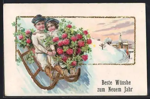 AK Kinder mit brossem Blumenstrauss auf einem Schlitten