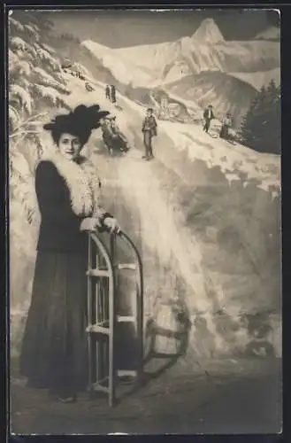 AK Junge Frau mit Schlitten