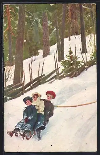 AK Drei junge Frauen bei der Fahrt auf einem Schlitten