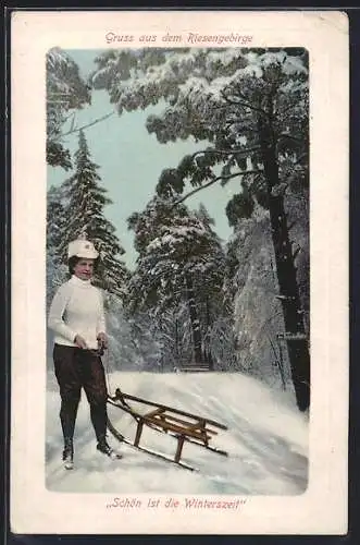 AK Schön ist die Winterszeit, junge Frau mit Schlitten
