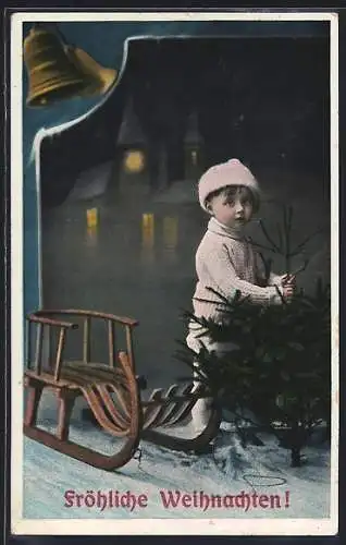 AK Fröhliche Weihnachten, Kleinkind mit Schlitten