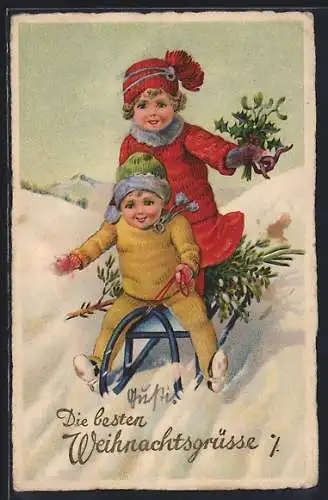Künstler-AK Kinder mit Mistel und Stechpalme auf Schlitten - Weihnachtsgruss