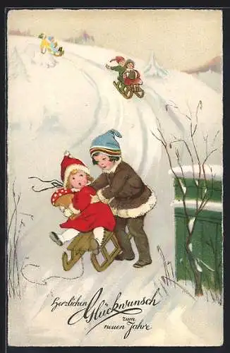 AK Kinder mit Schlitten auf der Rodelbahn