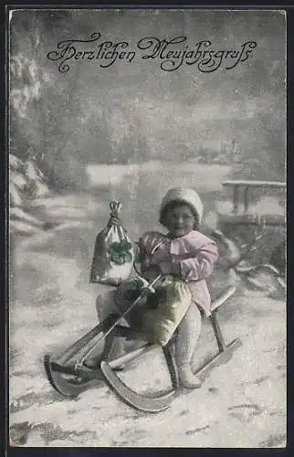 AK Kleines Mädchen auf einem Schlitten