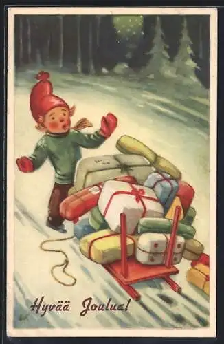 Künstler-AK Schlitten mit Geschenken beladen, rutscht einem Knabe aus den Händen, Weihnachtsgruss