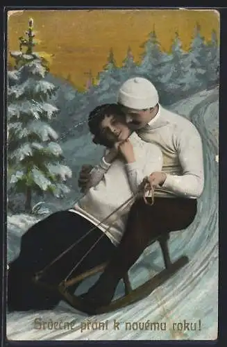 AK Liebespaar auf einem Schlitten