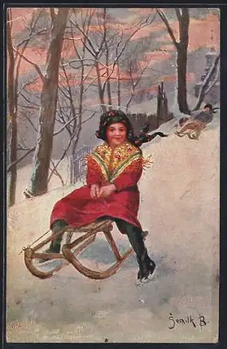 Künstler-AK Kinder auf Schlitten bei der Abfahrt