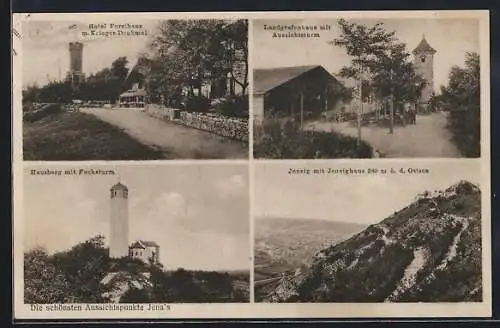 AK Jena, Hausberg mit Fuchtsturm, Hotel Forsthaus mit Kriegerdenkmal
