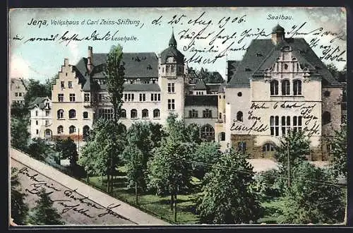 Künstler-AK Jena, Volkshaus d. Carl Zeiss-Stiftung, Lesehalle und Saalbau