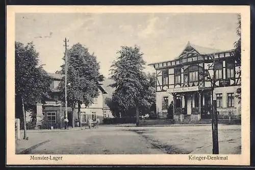 AK Munster-Lager, Hotel-Restaurant Deutsches Haus mit Krieger-Denkmal