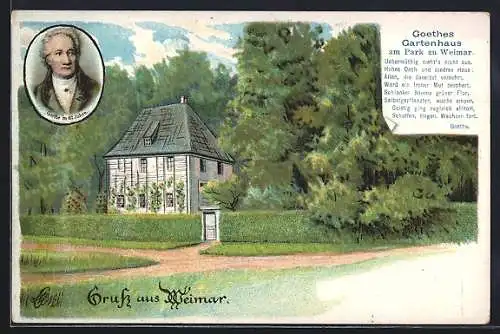 Lithographie Weimar / Thür., Goethes Gartenhaus am Park, Portrait