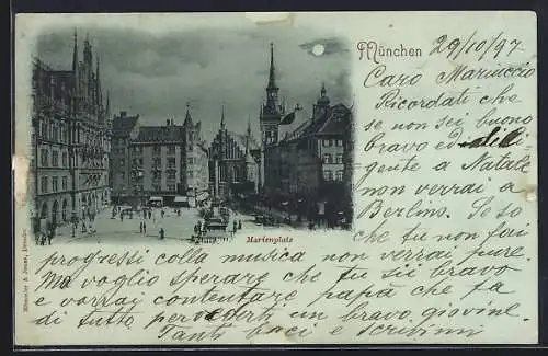 Mondschein-AK München, Marienplatz mit Denkmal