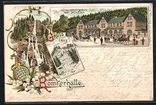 Lithographie Goslar, Hotel Romkerhalle von Th. Hulsch, Wasserfall im Sommer und im Winter