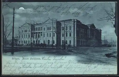 Mondschein-AK Hamburg-Altona, Neues Rathaus mit Strassenpartie