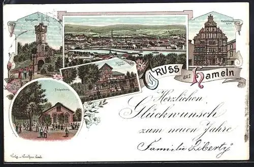 Lithographie Hameln, Rattenfängerhaus, Klütturm, Felsenkeller, Finkenborn