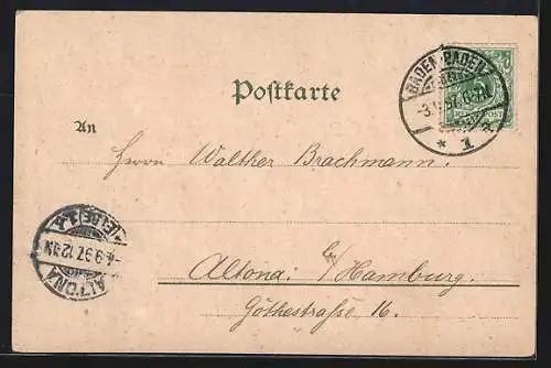 Lithographie Baden-Baden, Friedrichs- und Augustusbad, Blick von der Terrasse, Waldsee um 1900