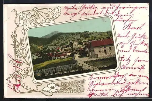 Lithographie Zwingenberg /Hessen, Teilansicht mit M. Melibokus, Passepartout