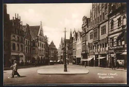 AK Münster i. Westf., Roggenmarkt mit Geschäften
