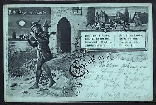 Mondschein-Lithographie Hameln, Rattenfänger von Hameln am Stadttor