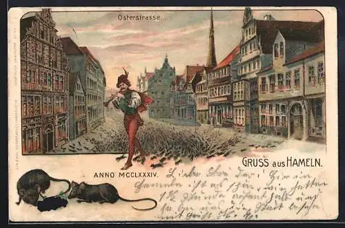 Lithographie Hameln, Osterstrasse amo MCCLXXXIV mit dem Rattenfänger von Hameln