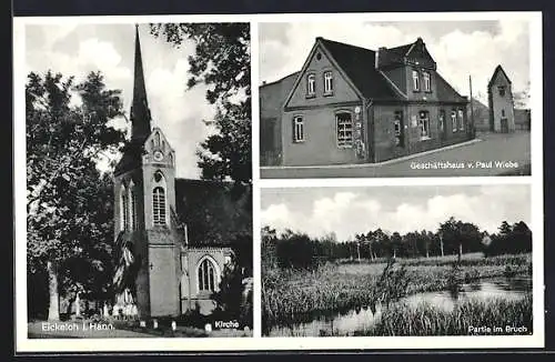 AK Eickeloh i. Hann, Geschäftshaus v. Paul Wiebe, Partie im Bruch, Kirche