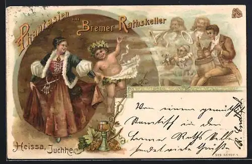 Lithographie Bremen, Phantasien im Bremer Rathskeller, Frau in Tracht, Kind mit Schürze und Blätterkranz