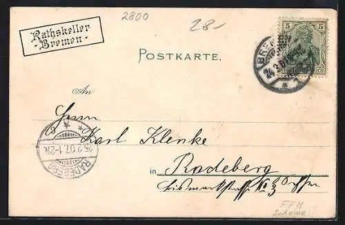 Lithographie Bremen, Phantasien im Bremer Rathskeller, Frau in Tracht, Kind mit Schürze und Blätterkranz