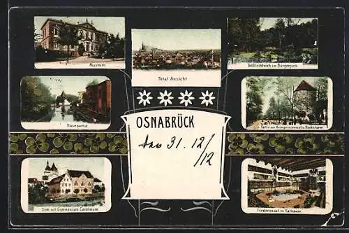 AK Osnabrück, Dom mit Gymnasium Carolinum, Museum, Friedenssaalim Rathause