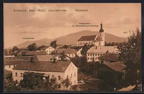 AK Arnbruck /Bayr. Wald, Teilansicht mit Kreuzfelsen und Riedelstein mit Waldschmiedt-Denkmal