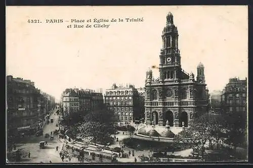 AK Paris, Place et Église de la Trinité et Rue de Clichy, Strassenbahn