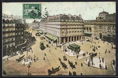 AK Paris, Gare St. Lazare et Hôtel Terminus, Strassenbahn