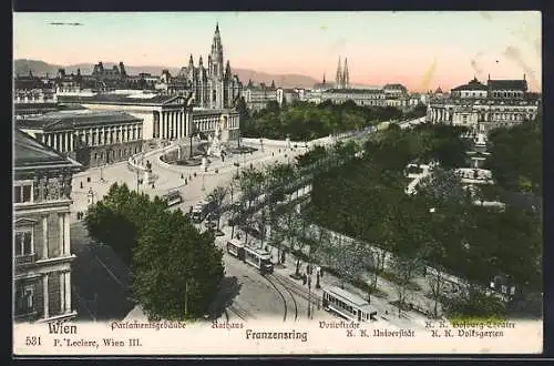 AK Wien, Franzensring mit Parlamentsgebäude, Rathaus & Strassenbahn
