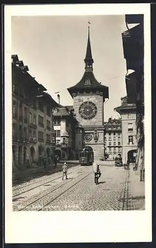 AK Bern, Zeitglockenturm mit Strassenbahn