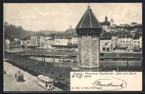 AK Luzern, Wasserturm und Kapellbrücke mit Strassenbahn und Blick nach Gütsch