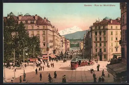 AK Genève, Rue du Mont-Blanc, Strassenpartie mit Strassenbahn