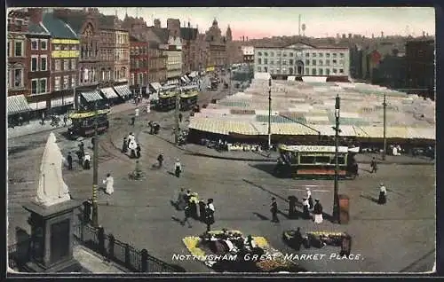 AK Nottingham, Great Market Place, Strassenbahn