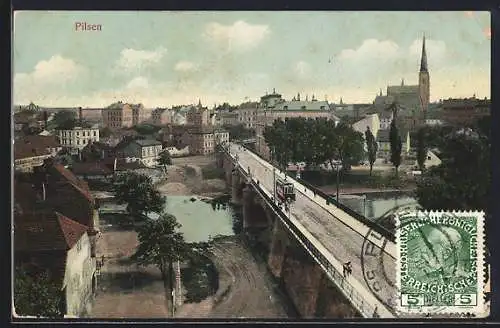 AK Pilsen, Brücke mit Strassenbahn