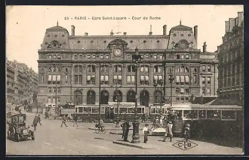 AK Paris, Gare Saint-Lazare, Cour de Rome, Bahnhof mit Strassenbahn