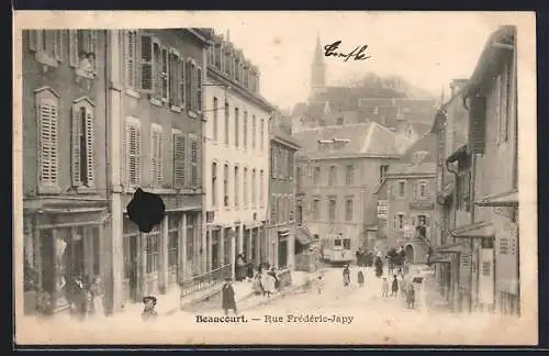 AK Beaucourt, Rue Frédéric-Japy, Strassenpartie mit Strassenbahn