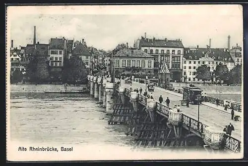 AK Basel, Alte Rheinbrücke mit Strassenbahn