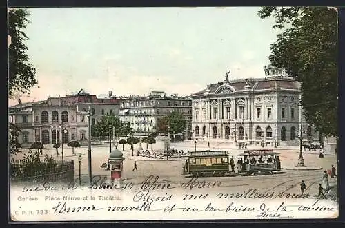 AK Genève, Place Neuve et le Théâtre, Strassenbahn