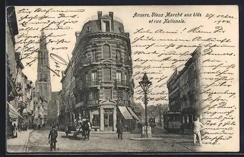 AK Anvers, Vieux Marché aux Blés et rue Nationale, Strassenbahn