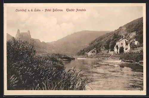 AK Obernhof, Lahnpartie mit Hotel Bellevue und Kloster Arnstein