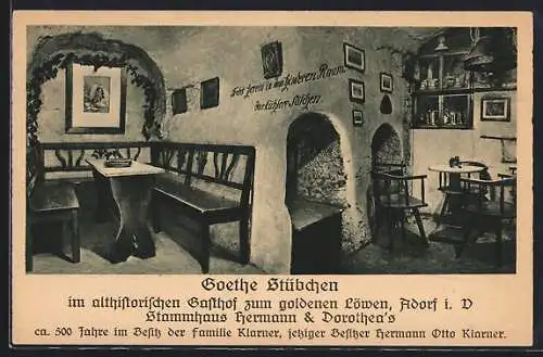 AK Adorf / Vogtland, Gasthof Goldner Löwe, Goethe-Stübchen, Innenansicht